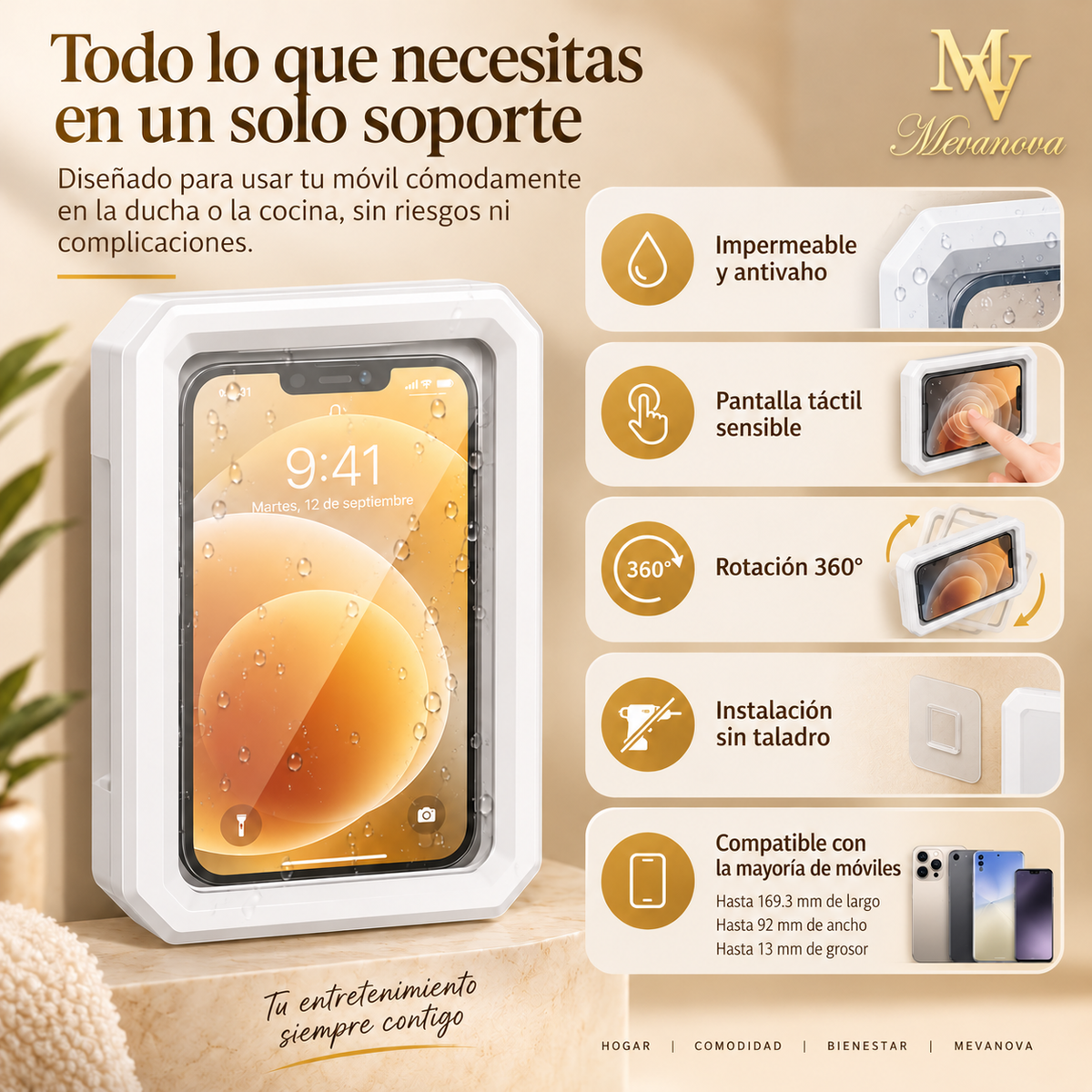 Soporte 360° para Móvil en la Ducha. Impermeable y Táctil.