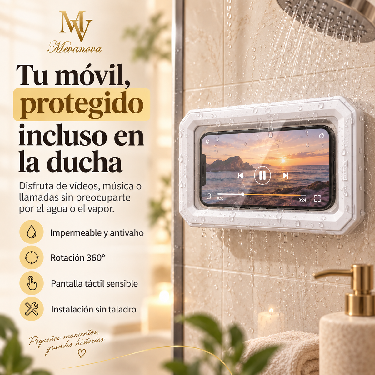 Soporte 360° para Móvil en la Ducha. Impermeable y Táctil.