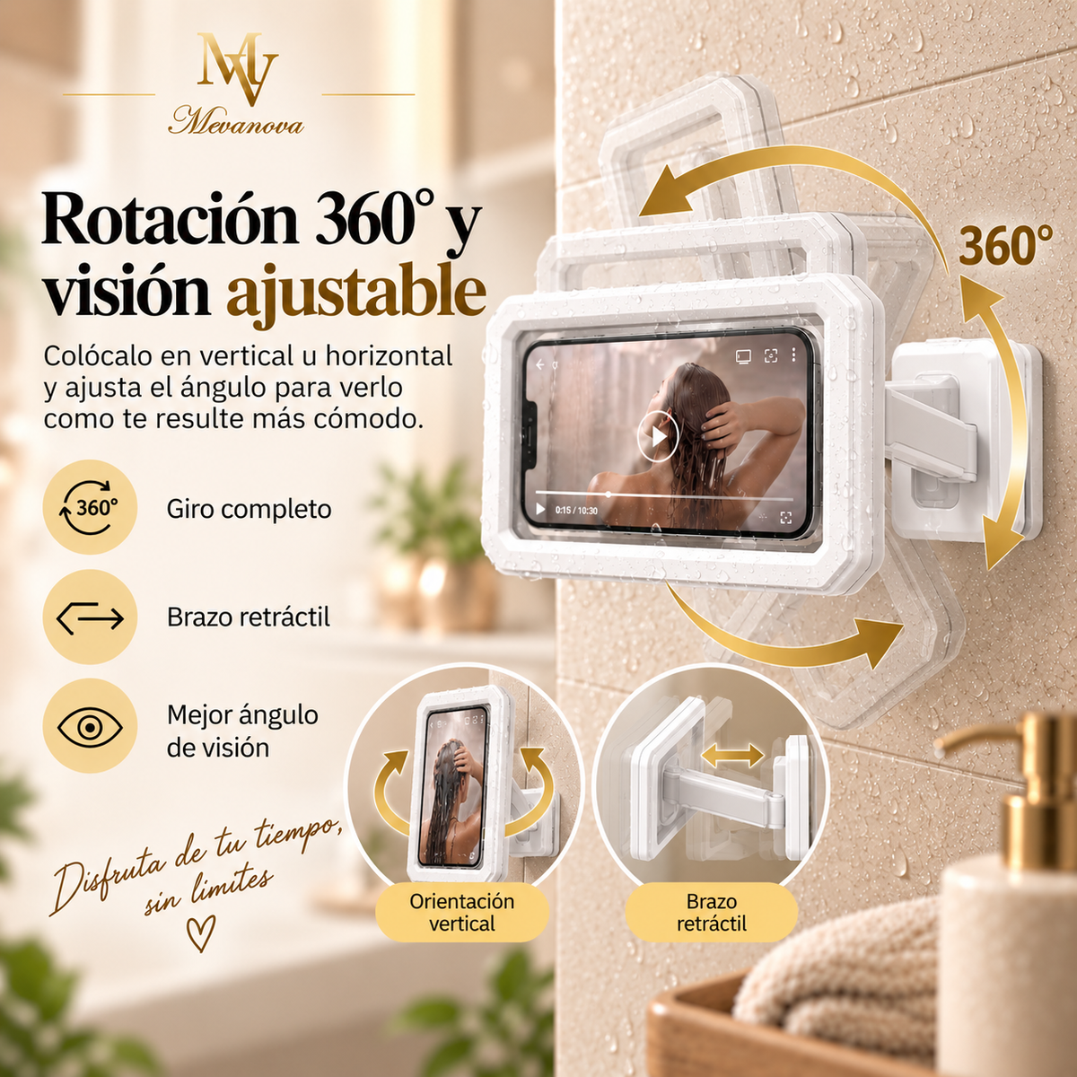 Soporte 360° para Móvil en la Ducha. Impermeable y Táctil.