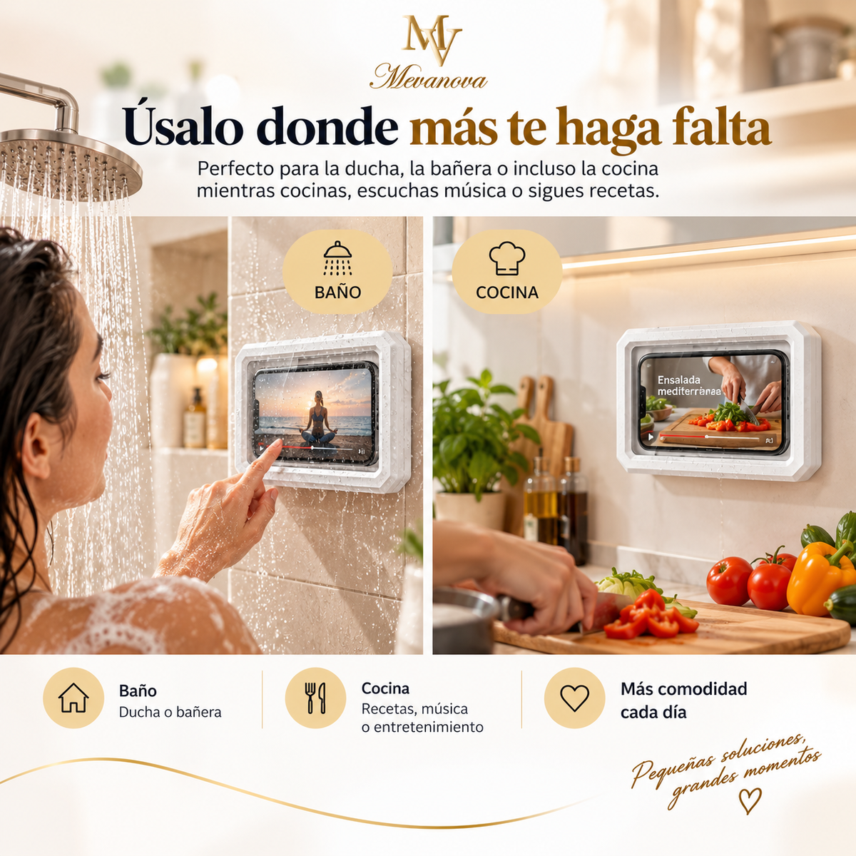 Soporte 360° para Móvil en la Ducha. Impermeable y Táctil.
