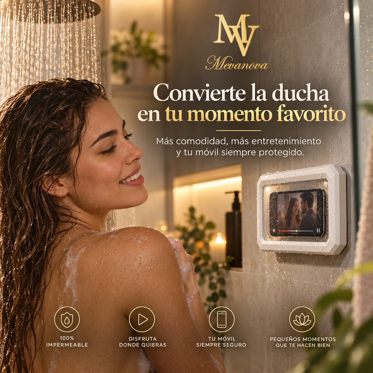 Soporte 360° para Móvil en la Ducha. Impermeable y Táctil.