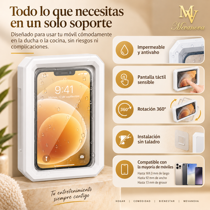 Soporte 360° para Móvil en la Ducha. Impermeable y Táctil.