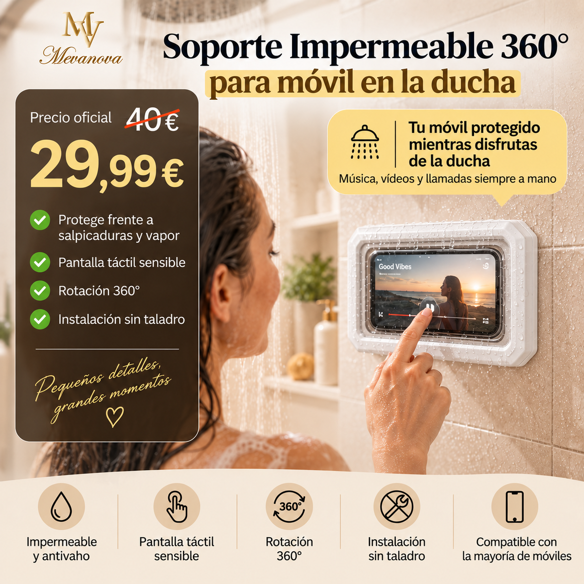 Soporte 360° para Móvil en la Ducha. Impermeable y Táctil.