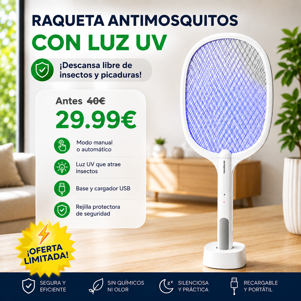 Raqueta Antimosquitos Recargable con Luz UV