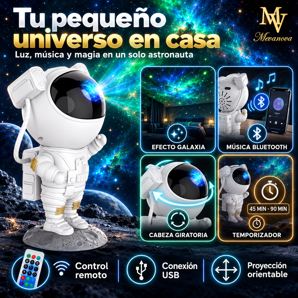 Proyector Galaxia Astronauta con Bluetooth | Luz, Estrellas y Música